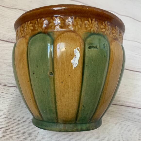 Antique Brown Green Striped Pottery Planter Majolica Glaze Floral Medallions - Picture 10 of 16